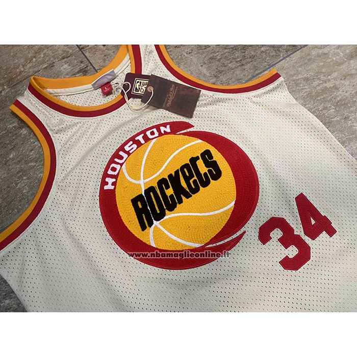 Maglia Houston Rockets Hakeem Olajuwon #32 Mitchell & Ness Chainstitch Crema